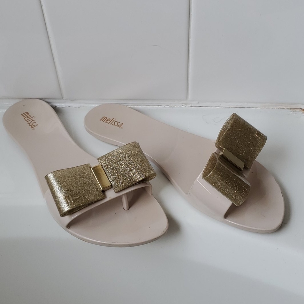 Melissa cream flats with Gold sparkle bow